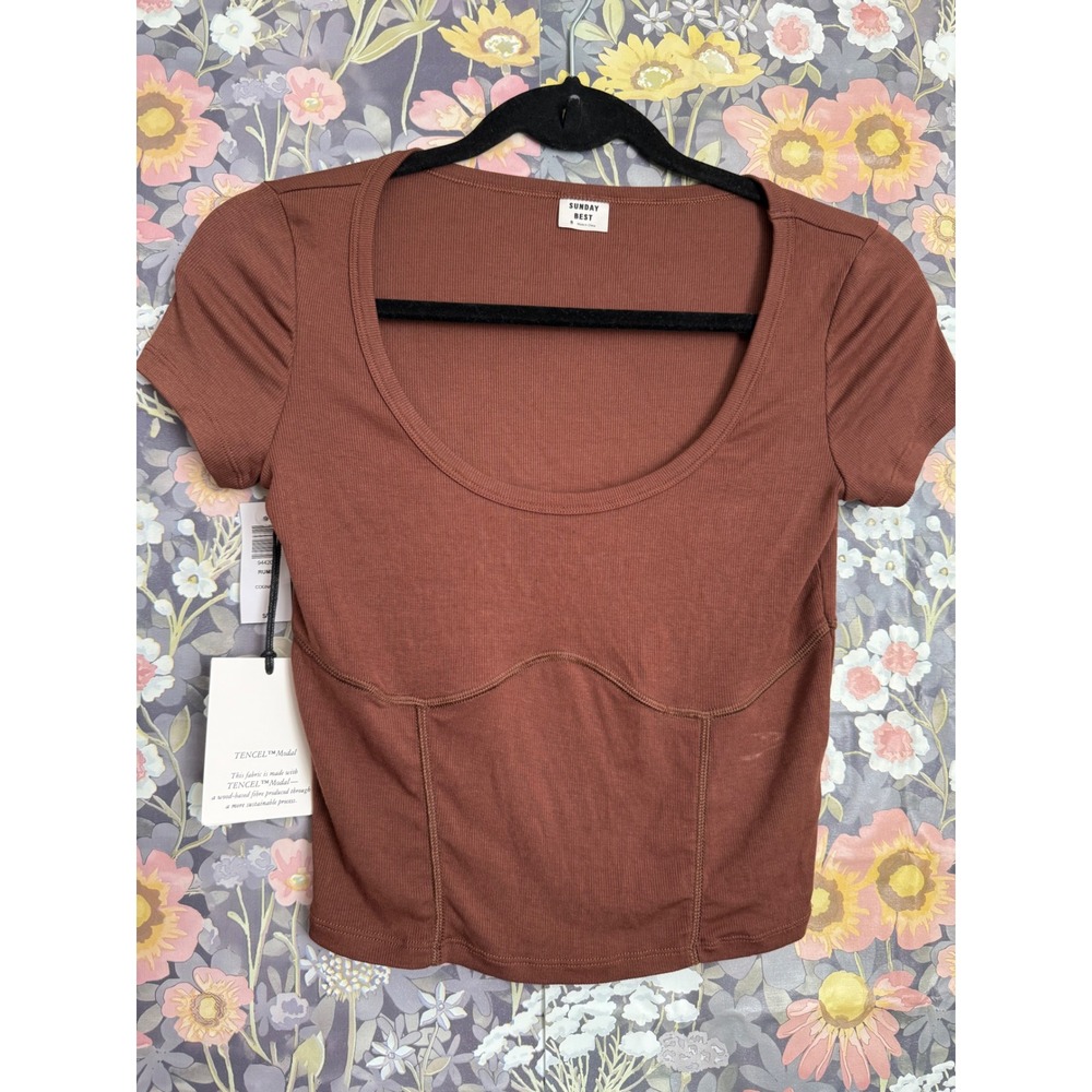 Sunday Best Aritzia Ribbed Corset Crop‎ Top Short Sleeve Brown Size S